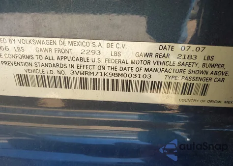 2008 Volkswagen Jetta Se/Sel from USA, damaged, VIN 3VWRM71K98M003103